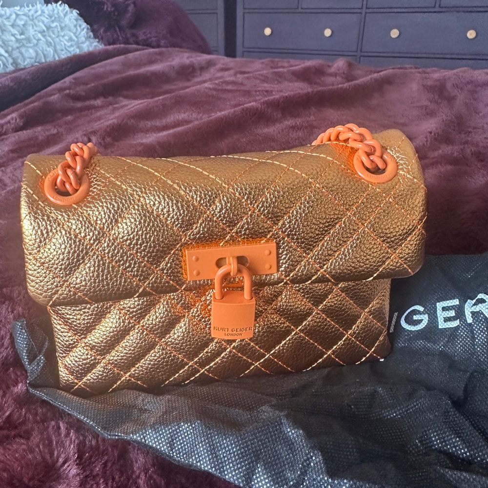 Kurt Geiger Mini Brixton Metallic Orange Quilted Shoulder Bag